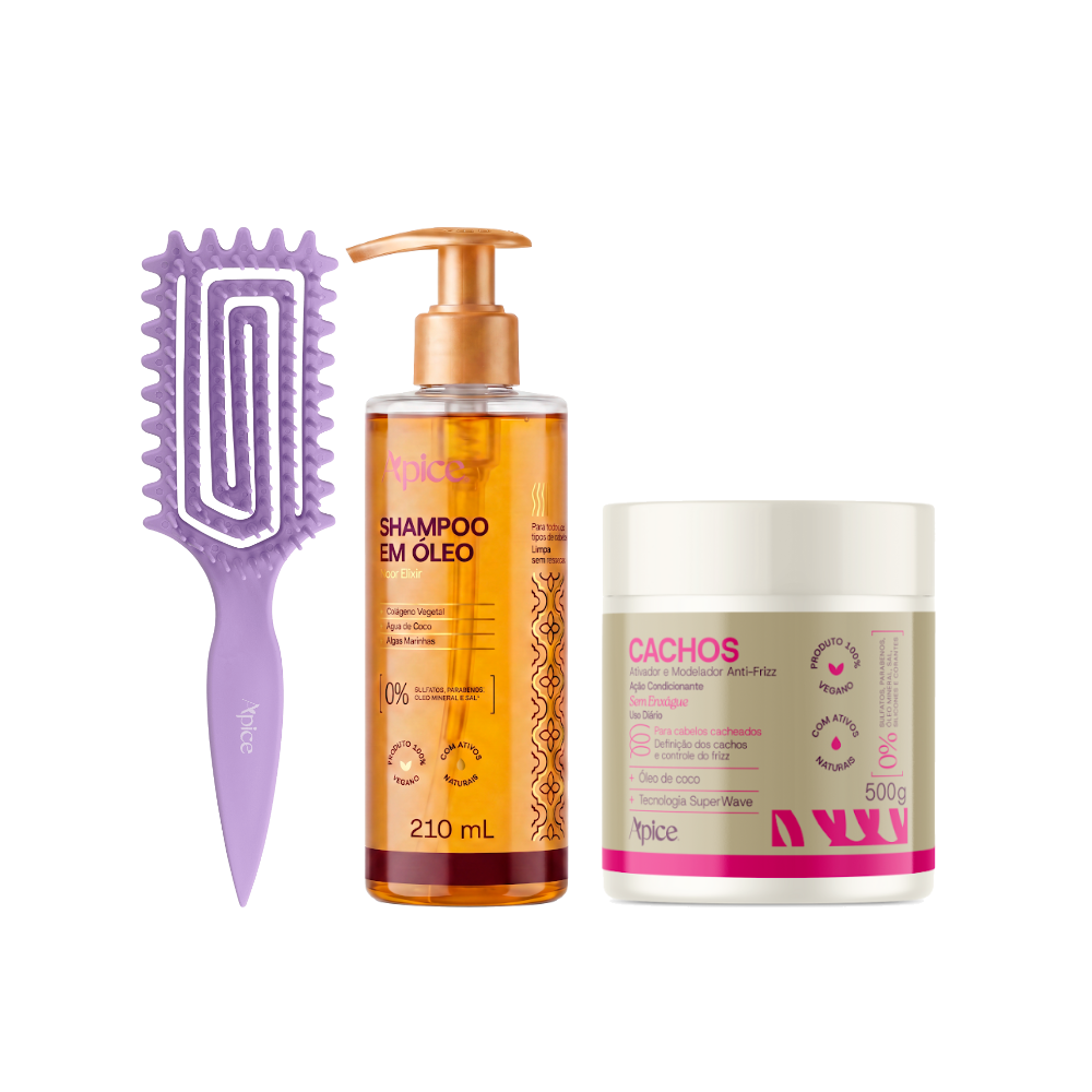 KIT GLASS CACHOS - Shampoo em óleo, Escova verde e Ativador