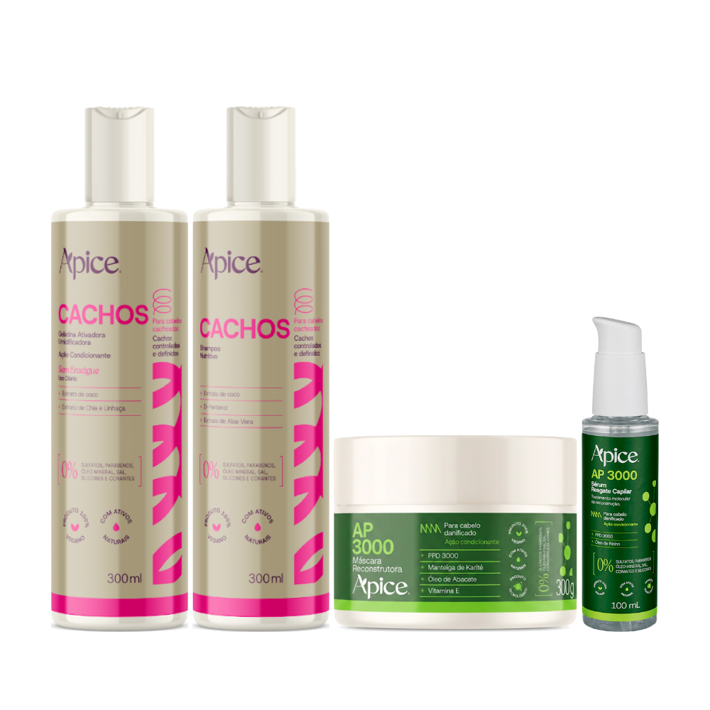 Kit Cachos Reconstruídos - Shampoo, Gelatina, Máscara AP3000 e Sérum AP3000