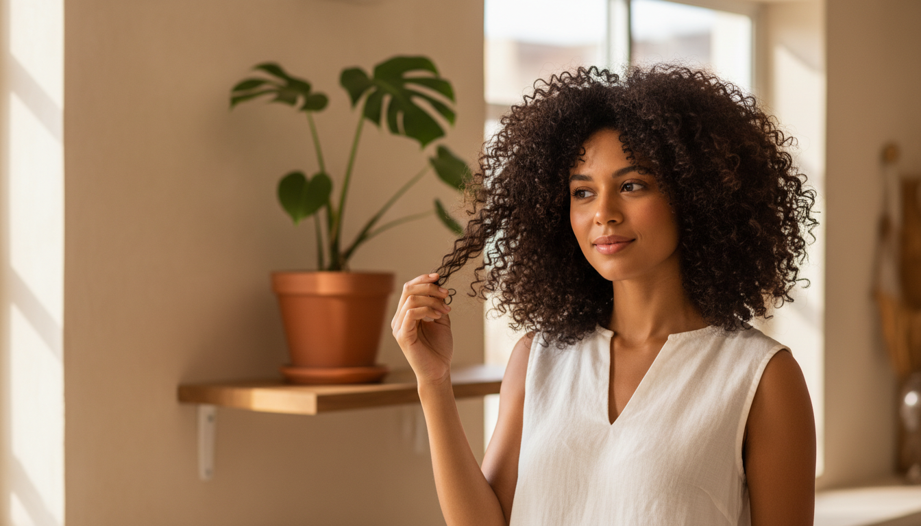 Mulher brasileira de cabelo crespo volumoso e definido, em luz natural suave, com textura real dos fios em destaque