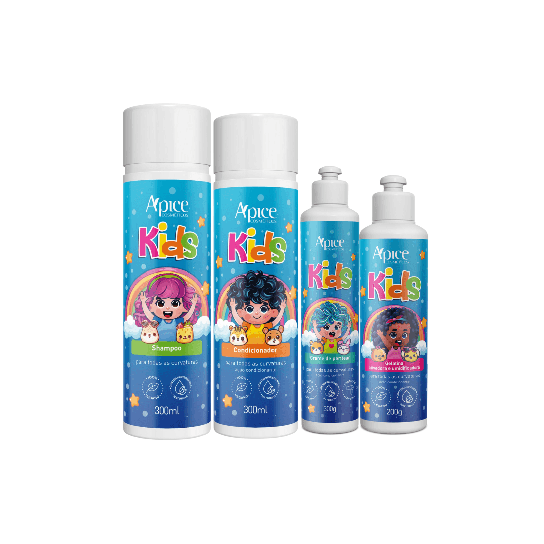 Kit KIDS da Ápice com shampoo, condicionador, creme de pentear e gelatina para cabelo cacheado infantil