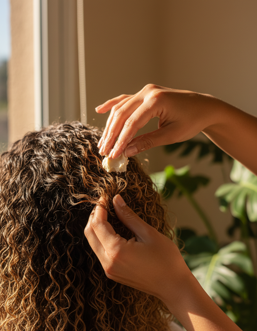 Mãos aplicando creme de manteiga vegetal em cabelo crespo úmido, distribuindo das pontas ao comprimento