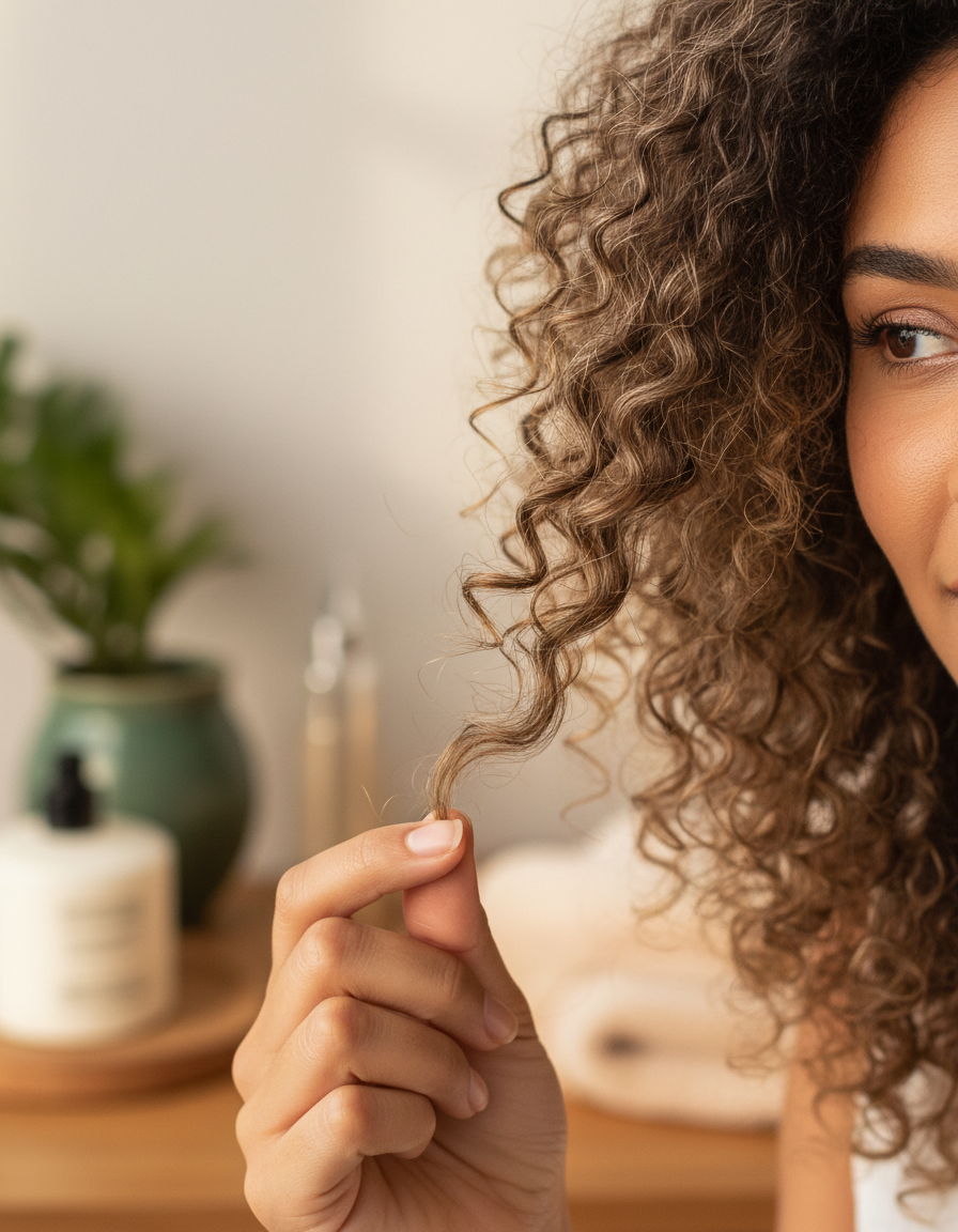 Detalhe de cabelo cacheado natural seco e sem produto, mostrando o desenho real da curvatura para identificar o tipo de cacho