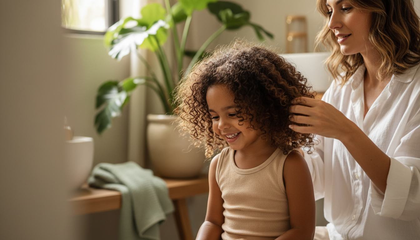 Mãe brasileira penteando com carinho os cachos definidos da filha em ambiente natural e acolhedor