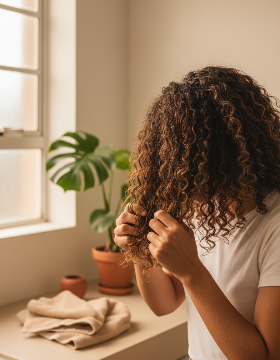 Mulher com cachos definidos aplicando ativador e finalizador, realçando o movimento natural da curvatura