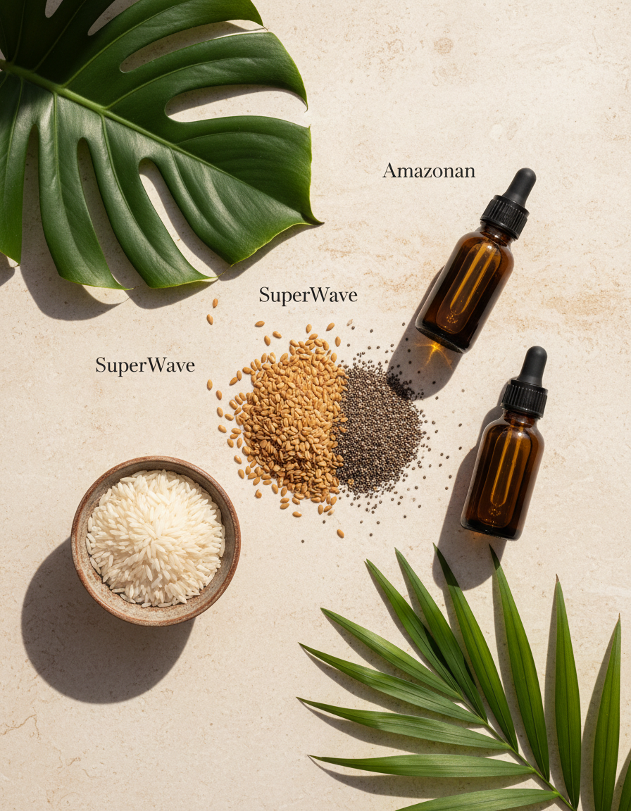 Ingredientes naturais dos ativos Ápice — linhaça, chia, arroz e óleos amazônicos — dispostos sobre superfície clara