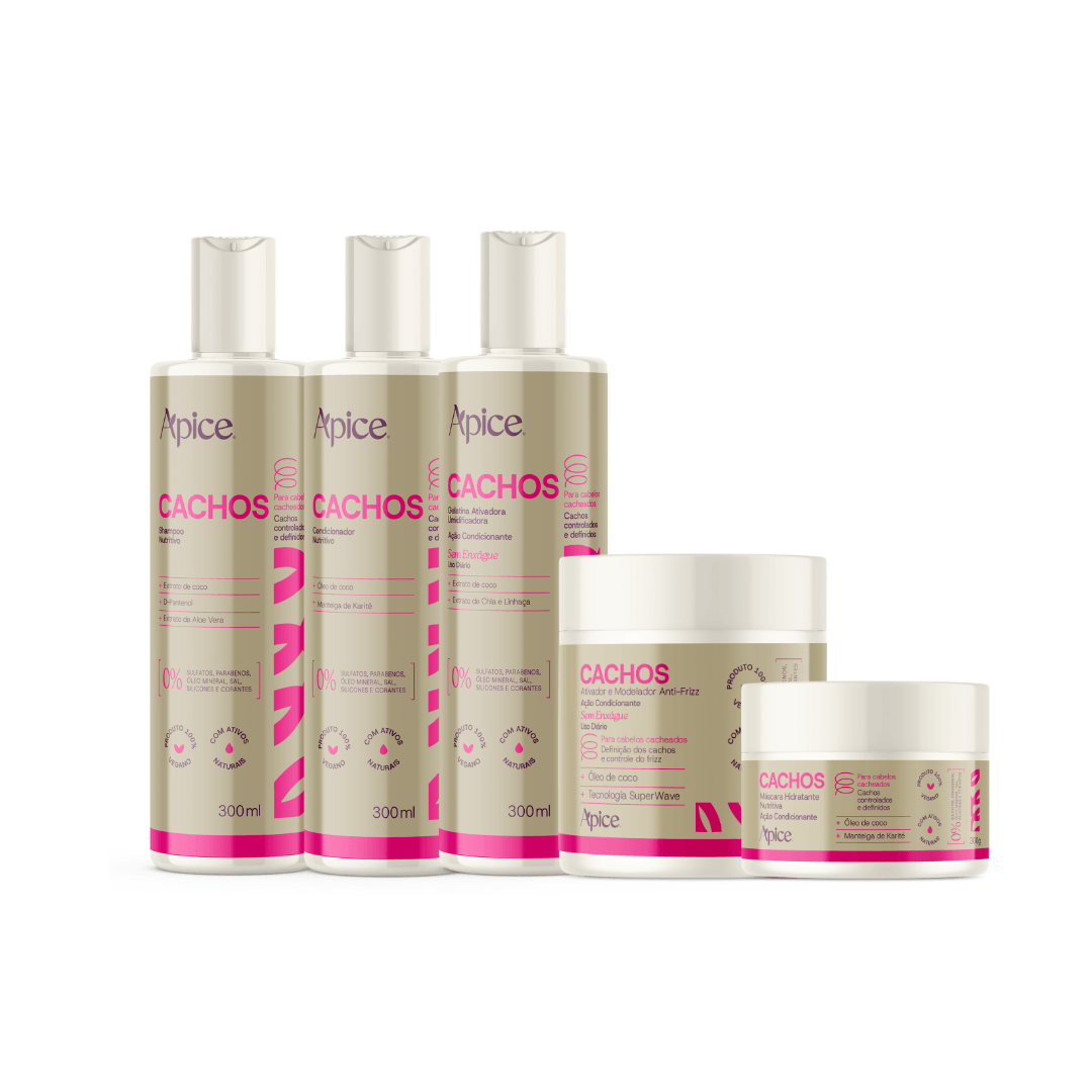 Kit Cachos Ápice com 5 itens: shampoo, condicionador, gelatina, máscara e ativador para cabelos cacheados
