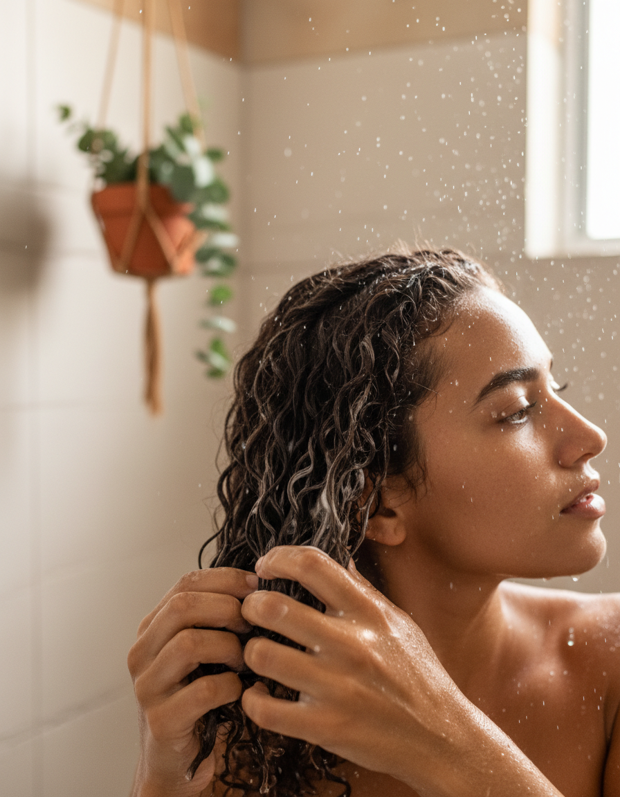 Aplicação de máscara de hidratação em cachos molhados no chuveiro, restauração pós-sol, luz natural suave