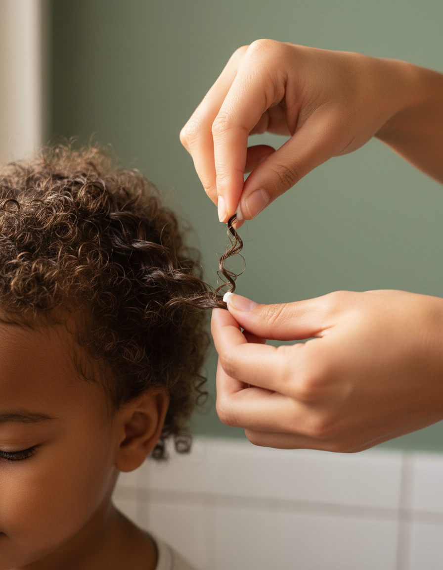 Passo a passo da rotina capilar infantil: cachos de criança sendo definidos com creme de pentear no cabelo úmido